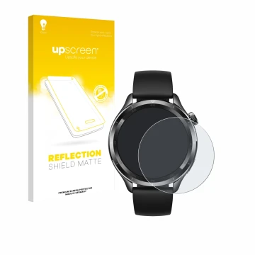 Parte frontal de un envase de producto con el logotipo de la marca upscreen. Al lado se muestra el dispositivo Xiaomi Watch S4