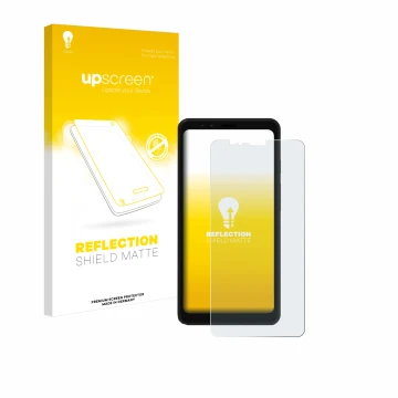 Parte frontal de un envase de producto con el logotipo de la marca upscreen. Al lado se muestra el dispositivo Bigme Hibreak E