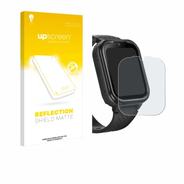 Parte frontal de un envase de producto con el logotipo de la marca upscreen. Al lado se muestra el dispositivo RAYOFI Kids Sma
