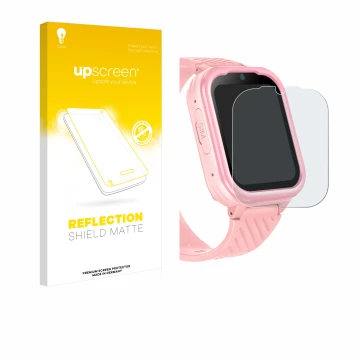 Parte frontal de un envase de producto con el logotipo de la marca upscreen. Al lado se muestra el dispositivo Yuede Kids Smar