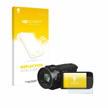 Parte frontal de un envase de producto con el logotipo de la marca upscreen. Al lado se muestra el dispositivo Panasonic HC-VX