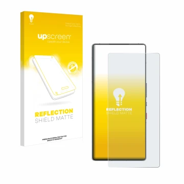 Parte frontal de un envase de producto con el logotipo de la marca upscreen. Al lado se muestra el dispositivo ZTE Nubia Red M