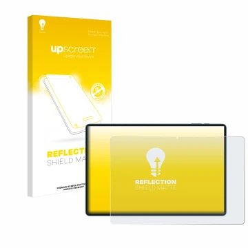 Parte frontal de un envase de producto con el logotipo de la marca upscreen. Al lado se muestra el dispositivo Teclast T70 14