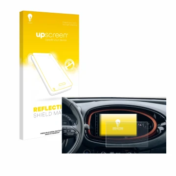 Parte frontal de un envase de producto con el logotipo de la marca upscreen. Al lado se muestra el dispositivo Toyota Aygo X (