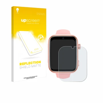 Parte frontal de un envase de producto con el logotipo de la marca upscreen. Al lado se muestra el dispositivo Akumaka 4G Kids