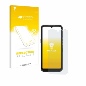Parte frontal de un envase de producto con el logotipo de la marca upscreen. Al lado se muestra el dispositivo Oukitel WP39 co