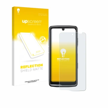 Parte frontal de un envase de producto con el logotipo de la marca upscreen. Al lado se muestra el dispositivo Crosscall Stell