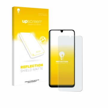 Parte frontal de un envase de producto con el logotipo de la marca upscreen. Al lado se muestra el dispositivo Xiaomi Poco C75