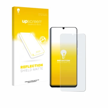 Parte frontal de un envase de producto con el logotipo de la marca upscreen. Al lado se muestra el dispositivo realme Note 60 