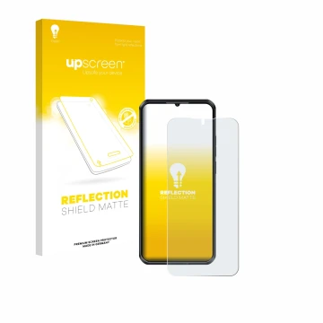 Parte frontal de un envase de producto con el logotipo de la marca upscreen. Al lado se muestra el dispositivo Oukitel WP52 co