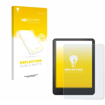 Parte frontal de un envase de producto con el logotipo de la marca upscreen. Al lado se muestra el dispositivo Amazon Kindle P