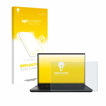 Parte frontal de un envase de producto con el logotipo de la marca upscreen. Al lado se muestra el dispositivo Razer Blade 16 