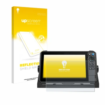 Parte frontal de un envase de producto con el logotipo de la marca upscreen. Al lado se muestra el dispositivo Lowrance HDS-9 