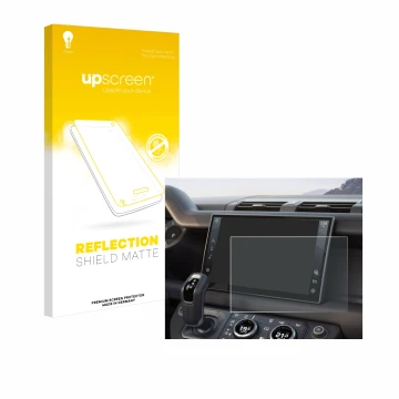 Parte frontal de un envase de producto con el logotipo de la marca upscreen. Al lado se muestra el dispositivo Land Rover Defe