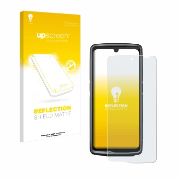 Parte frontal de un envase de producto con el logotipo de la marca upscreen. Al lado se muestra el dispositivo Crosscall Stell