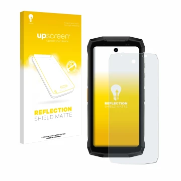 Parte frontal de un envase de producto con el logotipo de la marca upscreen. Al lado se muestra el dispositivo Ulefone Armor M