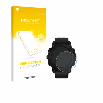 Parte frontal de un envase de producto con el logotipo de la marca upscreen. Al lado se muestra el dispositivo Garmin Descent 