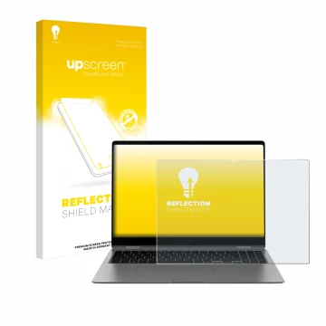 Parte frontal de un envase de producto con el logotipo de la marca upscreen. Al lado se muestra el dispositivo Samsung Galaxy 