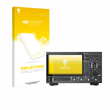 Parte frontal de un envase de producto con el logotipo de la marca upscreen. Al lado se muestra el dispositivo Rigol DHO914 co