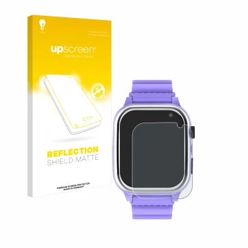 Parte frontal de un envase de producto con el logotipo de la marca upscreen. Al lado se muestra el dispositivo Jubunrer Kids S