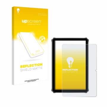Parte frontal de un envase de producto con el logotipo de la marca upscreen. Al lado se muestra el dispositivo Oukitel RT9 con