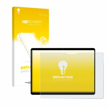 Parte frontal de un envase de producto con el logotipo de la marca upscreen. Al lado se muestra el dispositivo Chuwi Hi10 Max 