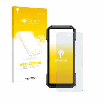 Parte frontal de un envase de producto con el logotipo de la marca upscreen. Al lado se muestra el dispositivo Ulefone Armor 2