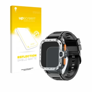 Parte frontal de un envase de producto con el logotipo de la marca upscreen. Al lado se muestra el dispositivo HS Smartwatch 2