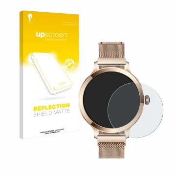 Parte frontal de un envase de producto con el logotipo de la marca upscreen. Al lado se muestra el dispositivo Bekomiya Smartw