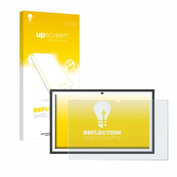 Parte frontal de un envase de producto con el logotipo de la marca upscreen. Al lado se muestra el dispositivo Echo Show 21 co