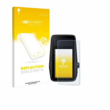 Parte frontal de un envase de producto con el logotipo de la marca upscreen. Al lado se muestra el dispositivo Coros Dura con 