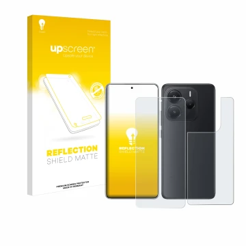 Parte frontal de un envase de producto con el logotipo de la marca upscreen. Al lado se muestra el dispositivo Xiaomi Redmi No