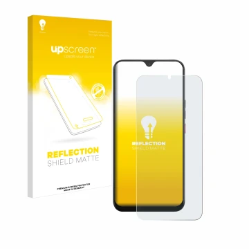 Parte frontal de un envase de producto con el logotipo de la marca upscreen. Al lado se muestra el dispositivo Volla Phone 22 