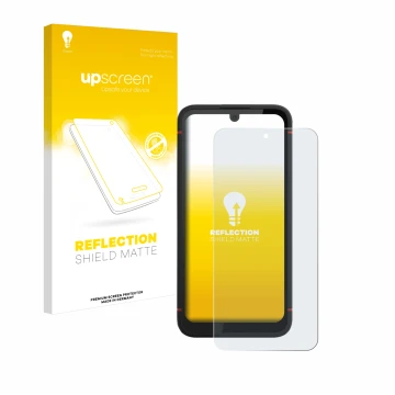 Parte frontal de un envase de producto con el logotipo de la marca upscreen. Al lado se muestra el dispositivo Volla Phone X23