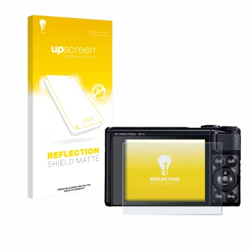 Parte frontal de un envase de producto con el logotipo de la marca upscreen. Al lado se muestra el dispositivo Canon PowerShot