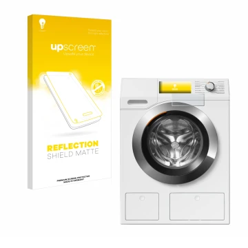 Parte frontal de un envase de producto con el logotipo de la marca upscreen. Al lado se muestra el dispositivo Miele WEH875 co