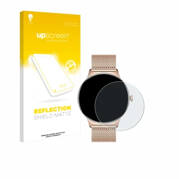 Parte frontal de un envase de producto con el logotipo de la marca upscreen. Al lado se muestra el dispositivo LIGE FV12 1.43