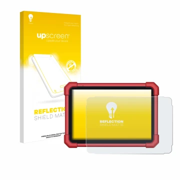 Parte frontal de un envase de producto con el logotipo de la marca upscreen. Al lado se muestra el dispositivo Launch X-431 Eu