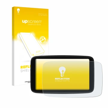 Parte frontal de un envase de producto con el logotipo de la marca upscreen. Al lado se muestra el dispositivo TomTom GO Advan