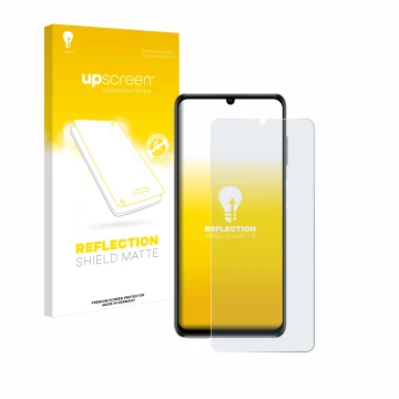 Parte frontal de un envase de producto con el logotipo de la marca upscreen. Al lado se muestra el dispositivo ZTE Blade V40 V