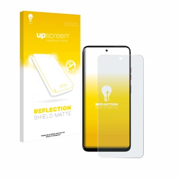 Parte frontal de un envase de producto con el logotipo de la marca upscreen. Al lado se muestra el dispositivo Motorola Moto G