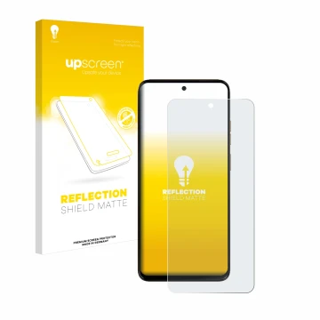 Parte frontal de un envase de producto con el logotipo de la marca upscreen. Al lado se muestra el dispositivo Motorola Moto G