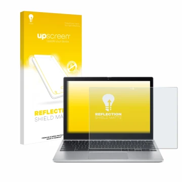 Parte frontal de un envase de producto con el logotipo de la marca upscreen. Al lado se muestra el dispositivo Acer Chromebook