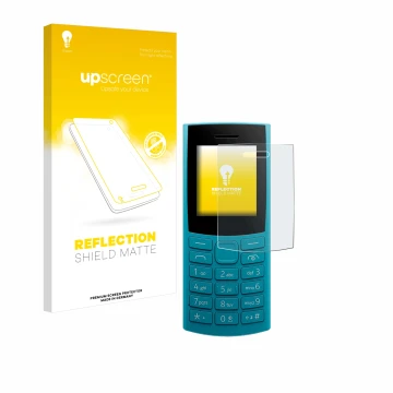 Parte frontal de un envase de producto con el logotipo de la marca upscreen. Al lado se muestra el dispositivo Nokia 105 4G 2n
