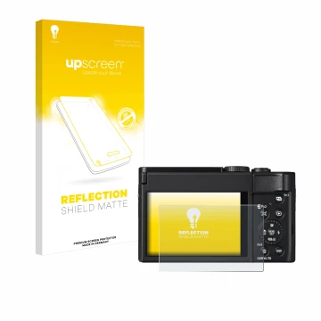 Parte frontal de un envase de producto con el logotipo de la marca upscreen. Al lado se muestra el dispositivo Panasonic Lumix