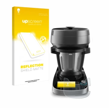 Parte frontal de un envase de producto con el logotipo de la marca upscreen. Al lado se muestra el dispositivo Cecotec Mambo V