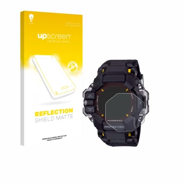 Parte frontal de un envase de producto con el logotipo de la marca upscreen. Al lado se muestra el dispositivo Casio G-Shock G