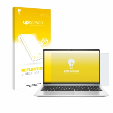 Parte frontal de un envase de producto con el logotipo de la marca upscreen. Al lado se muestra el dispositivo HP EliteBook 65