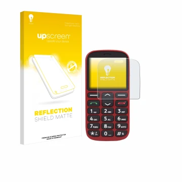 Parte frontal de un envase de producto con el logotipo de la marca upscreen. Al lado se muestra el dispositivo Doro 1360 con s