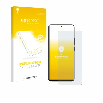 Parte frontal de un envase de producto con el logotipo de la marca upscreen. Al lado se muestra el dispositivo Oppo Reno 13 F 
